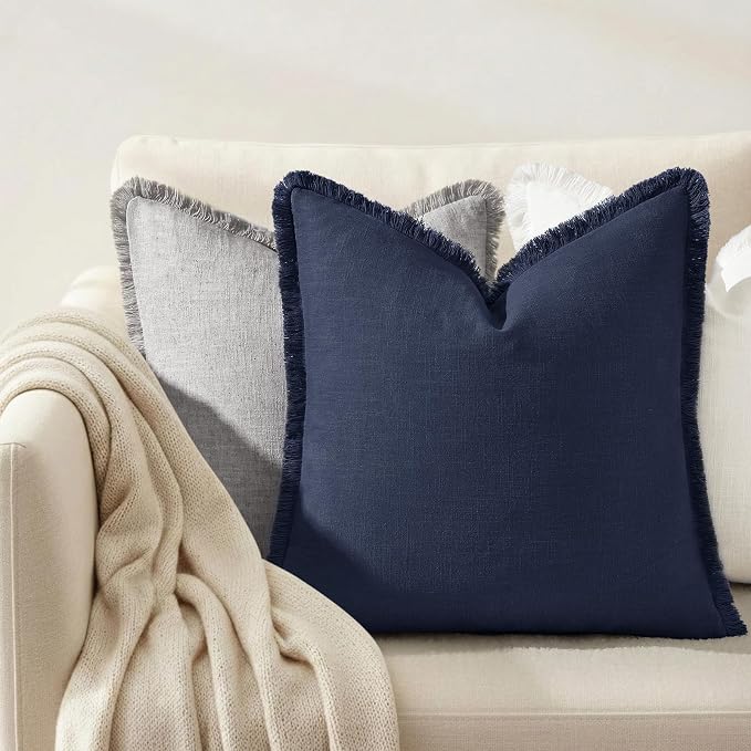 decorUhome Linen Fringe Navy Blue Throw Pillow Covers 18x18 Set of 2 | Decorative Soft Accent Modern Boho Farmhouse Cushion Covers with Tassels Cotton Pillow Covers for Couch Bed Sofa