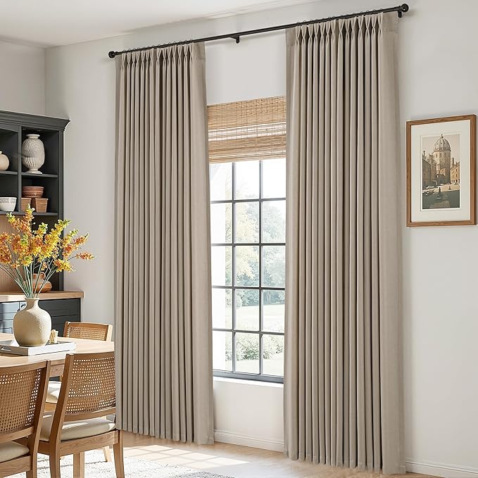 Aersas Cobblestone Pleat Linen Curtains 112 Inches Long for Living Room Pinch Pleated Drape Hooks Rings Back Tab Semi Sheer Light Filtering Curtain for Bedroom Sliding Patio Door 2 Panels 40x112