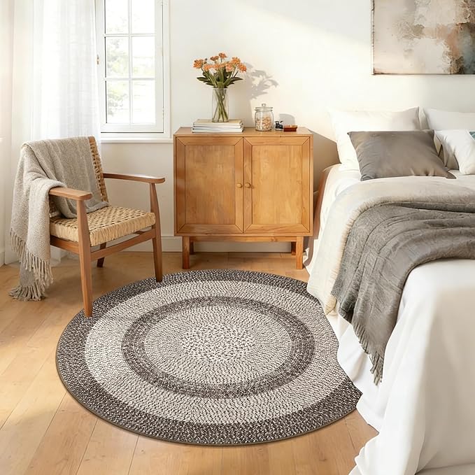 Modern Bordered Round Area Rug 4ft Washable Bedroom Circle Rugs Non Slip Stain Resistant Dining Room Round Throw Carpet Contemporary Circle Mats for Living Room Kitchen Nursery, Mocha