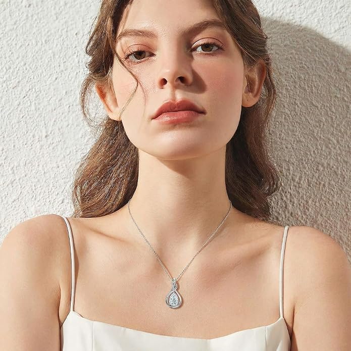 Teardrop Necklace 925 Sterling Silver Birthstone Necklace for Women Pendant Infinity Love Anniversary Birthday Jewelry Gifts for Mom Her Wife