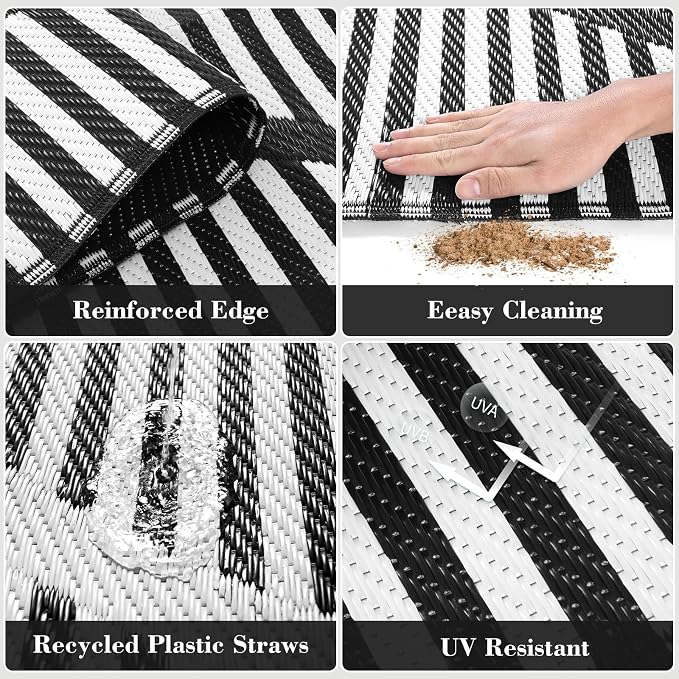 Lahome 9x12 Outdoor Rug Waterproof, Plastic Straw Reversible Outdoor Patio Rug, Modern Portable Outside Camping Mats for Balcony Tent Deck Backyard, Black 9'x12'