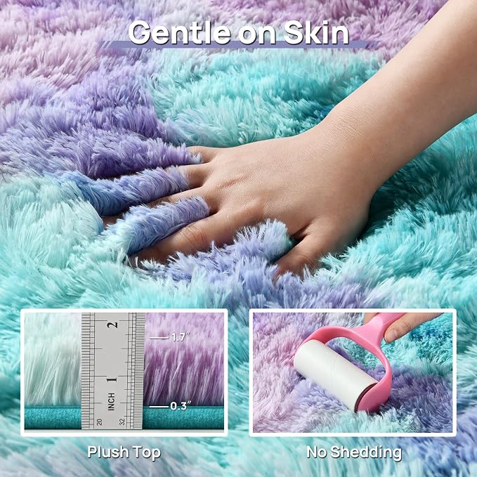 Deerhoo Large Shag Area Rugs 5 x 8, Tie-Dyed Plush Fuzzy Rugs for Living Room, Ultra Soft Fluffy Furry Rug for Bedroom, Indoor Carpet Nursery Rugs for Kids Room Home Decor, Rainbow