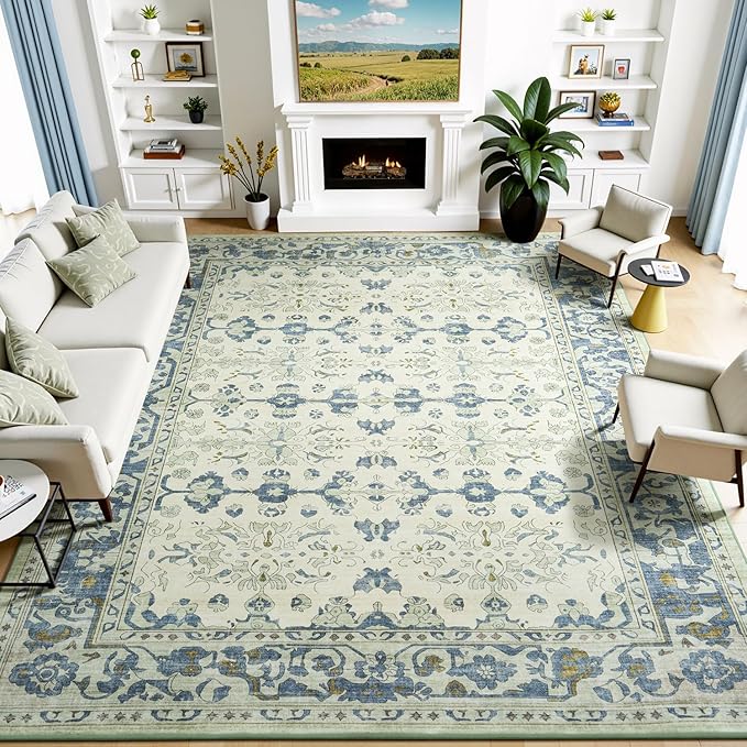 Lessymo Washable Area Rug for Living Room,9x12 Large Rugs with Non-Slip Backing,Soft Boho Carpets for Bedroom Dining Room Nursery Home Office,Light Blue