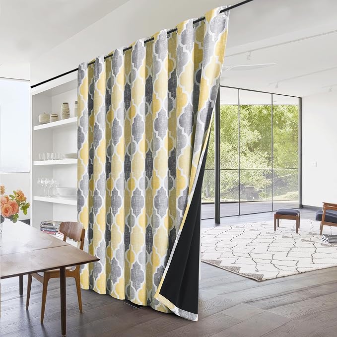 Beauoop Moroccan 100% Blackout Sliding Door Curtains Yellow Grey 100x84x1 | Geometric Room Darkening Patio Curtains Extra Wide Room Divider Drapes 1 Panel Thermal Soundproof Window treatment Grommet