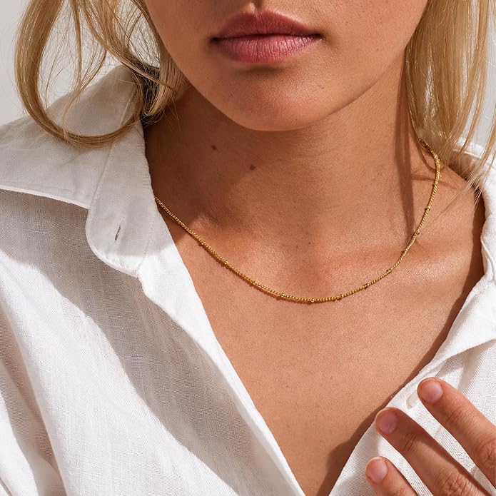 NOKMIT 14K Gold Filled Satellite Beaded Chain Neckalce for Women, Dainty 1.5mm Bead Link Choker, 16-22 Inch, Hypoallergenic, Non Tarnish, Cadenas de Oro 14K para Mujer