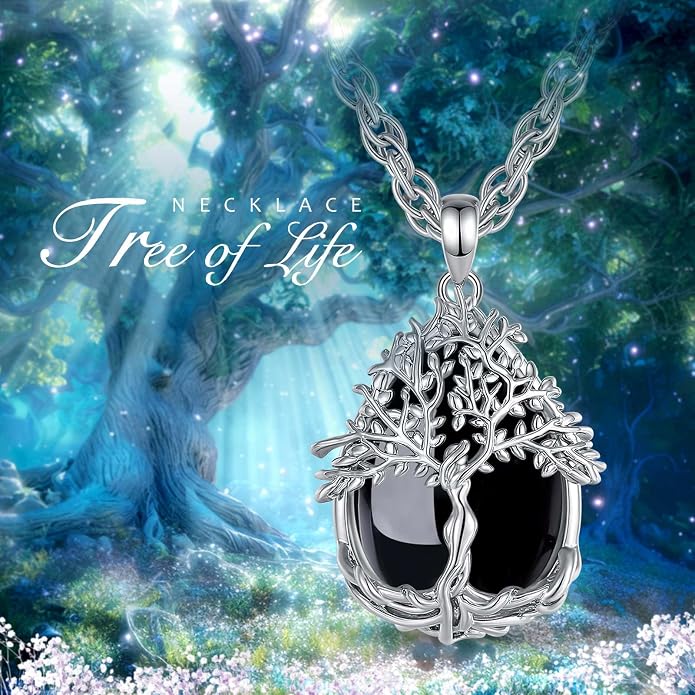 Vito Tree of Life Necklace for Women Men, Silver Plated Copper Teardrop Moonstone/Obsidian/Turquoise/Amethyst/Malachite Crystal Tree Necklace Protection Energy Amulet Jewelry Gift for Mom Wife, 20+2"