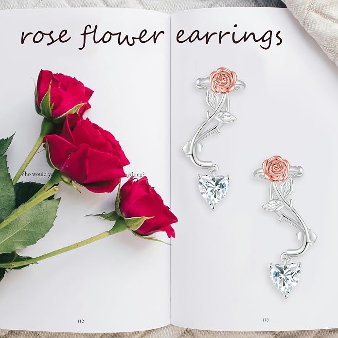 Ear Climbers Earrings for Women Sterling Silver Rose Flower Ear Crawler Earrings Rose Wedding Jewelry for Bride Bridesmaid Mother