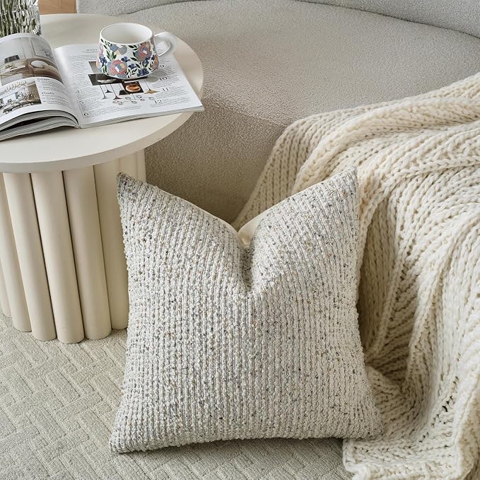 DEZENE Striped Euro Sham Pillow Covers 26x26 Set of 2 Cream Grey Textured Boucle Chic Morden Boho Accent Farmhouse Square Decorative Couch Throw Pillow Covers for Home Decor Bed Sofa Living Room