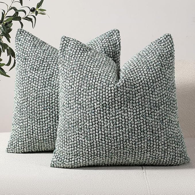 DEZENE Striped Throw Pillow Covers 24x24 Set of 2 Green Textured Boucle Chic Morden Boho Accent Farmhouse Square Decorative Couch Pillow Covers for Home Decor Bed Sofa Living Room