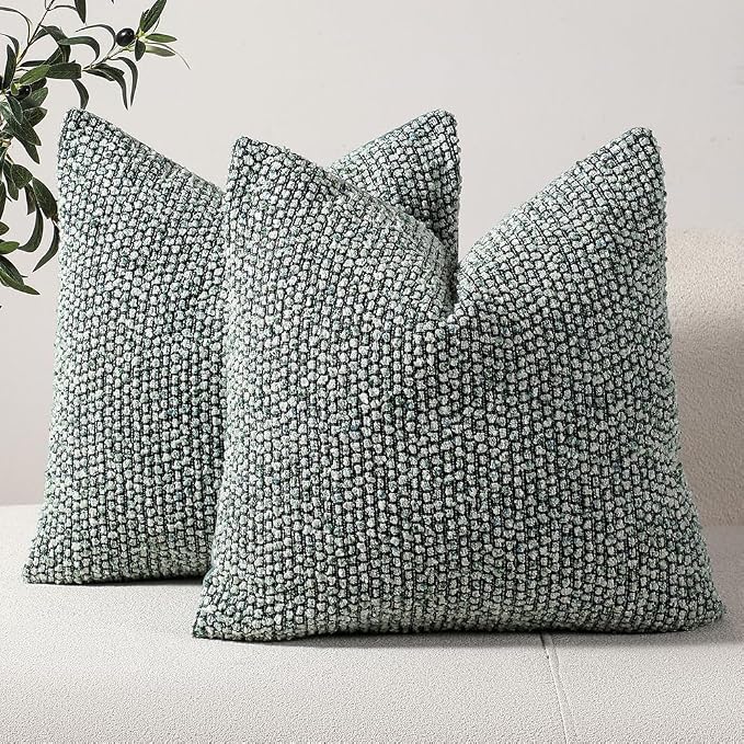DEZENE Striped Throw Pillow Covers 22x22 Set of 2 Green Textured Boucle Chic Morden Boho Accent Farmhouse Square Decorative Couch Pillow Covers for Home Decor Bed Sofa Living Room