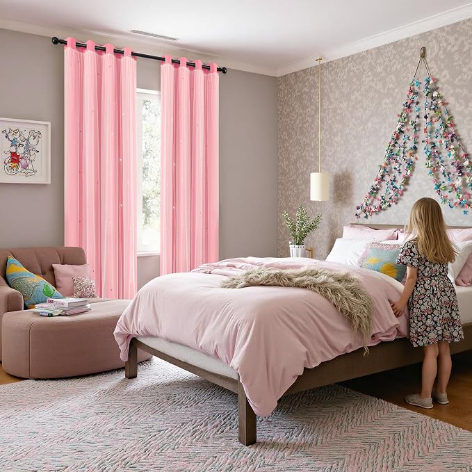 XiDi Extra Long Pink Curtains for Girls Bedroom 2 Panels Blush Pink Blackout Curtains with Sheer Overlay for Nursery Kids Room Star Drapes with Tiebacks Room Darkening Grommet Window Treatment 42x120L