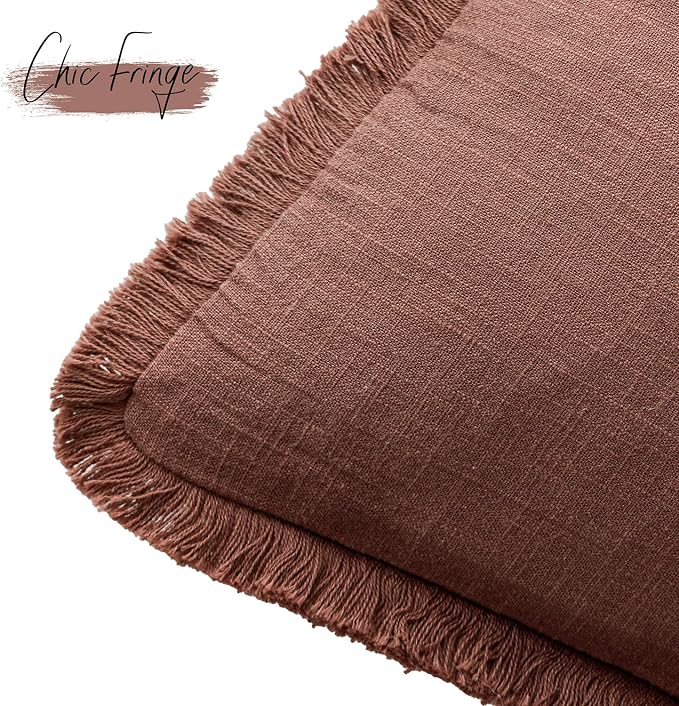 Foindtower Set of 2 Decorative Linen Fringe Throw Pillow Covers Boho Farmhouse Cushion Cover with Tassels Accent Pillowcase for Couch Chair Sofa Bed Living Room Home Decor,22×22 Inch,Rust Red