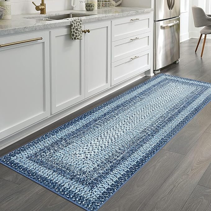 RUGSREAL 2x6 Runner Rug Braided Print Hallway Runner Rug Boho Rug Machine Washable Throw Floor Cover Non Slip Moroccan Carpet for Kitchen Farmhouse Rustic Runner for Living Room Bedroom, Blue
