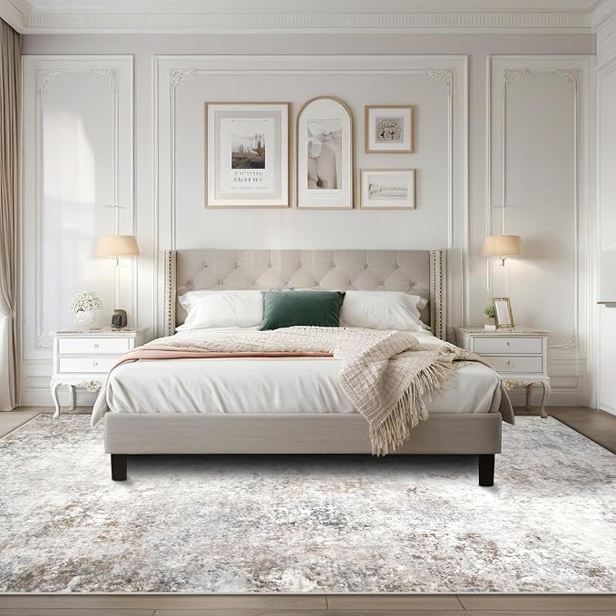 Srugn Washable Rugs 6x9 Area Rugs for Living Room,Modern Abstract Rugs for Bedroom,Large Carpets,Ultra Soft Faux Wool Retro Dining Room Rug,Non Slip&Non-Shedding Low Pile Print Rug- Beige Grey