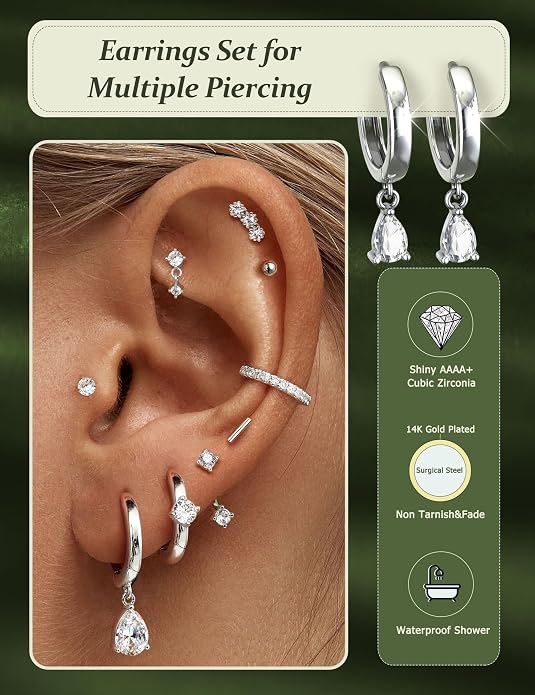 Hypoallergenic Silver Gold Earrings Stacks - 9 Pairs 14K Gold Plated Surgical Stainless Steel Earring Set for Sensitive Ears - Small Ear Piercing Flat Back Cartilage Earrings for Women Trendy Gifts