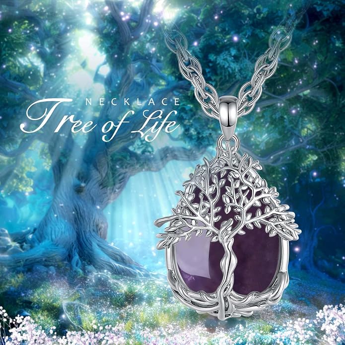 Vito Tree of Life Necklace for Women Men, Silver Plated Copper Teardrop Moonstone/Obsidian/Turquoise/Amethyst/Malachite Crystal Tree Necklace Protection Energy Amulet Jewelry Gift for Mom Wife, 20+2"
