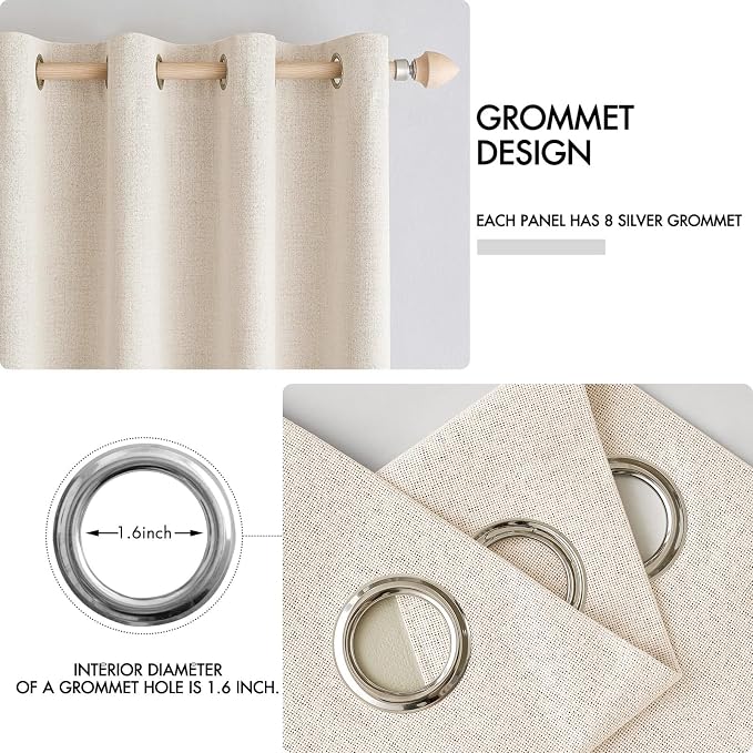 MIULEE 100% Blackout Linen Textured Curtains for Bedroom Solid Thermal Insulated Cream Beige Grommet Room Darkening Curtains & Drapes Luxury Decor for Living Room 52 x 63 Inch (2 Panels)