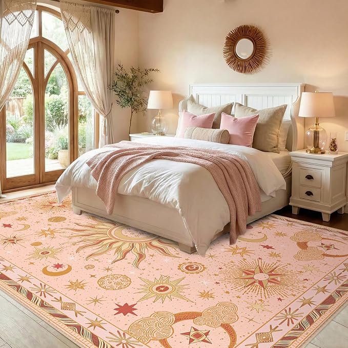 Vacuum-Friendly, 9x12 Washable Area Rug, Pink Gold Beige Red | Sun and Moon Boho Gothic Non-Slip Low Pile Living Roon Bedroom Dining Room Kitchen Entry Entryway Entrance Hallway Doormat