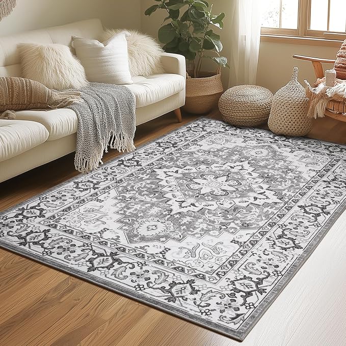 Lessymo 3 x 5 Area Rugs for Living Room- Machine Washable Area Rugs Boho Faux Wool Low Pile Area Rug for Bedroom Floral Medallion Vintage Rugs with Non-Slip Rubber, Kid & Pet Friendly,Grey Beige