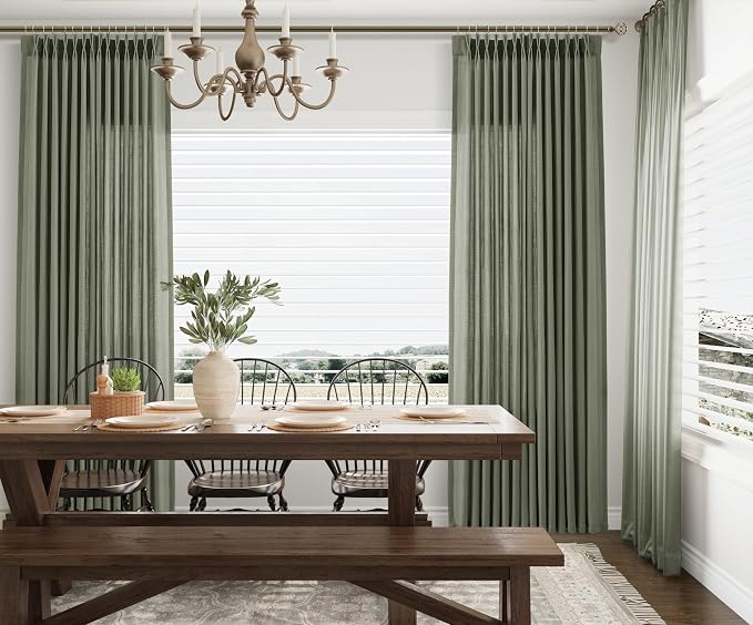 Aersas Forest Green 90 Inch Linen Curtains Pinch Pleated for Living Room Bedroom Dining Light Filtering Pinch Pleat Drapes with Hooks Rings Boho Farmhouse Semi Sheer Window Curtain 2 Panels Set 40x90