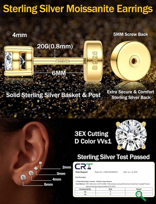 Moissanite Earrings for Men Women：Hypoallergenic Flat Back Earrings 925 Sterling Silver Stud Earring Small D Color VVS1 Moissanite 14K White Gold Plated Helix Cartilage Earring Studs Gift Jewelry