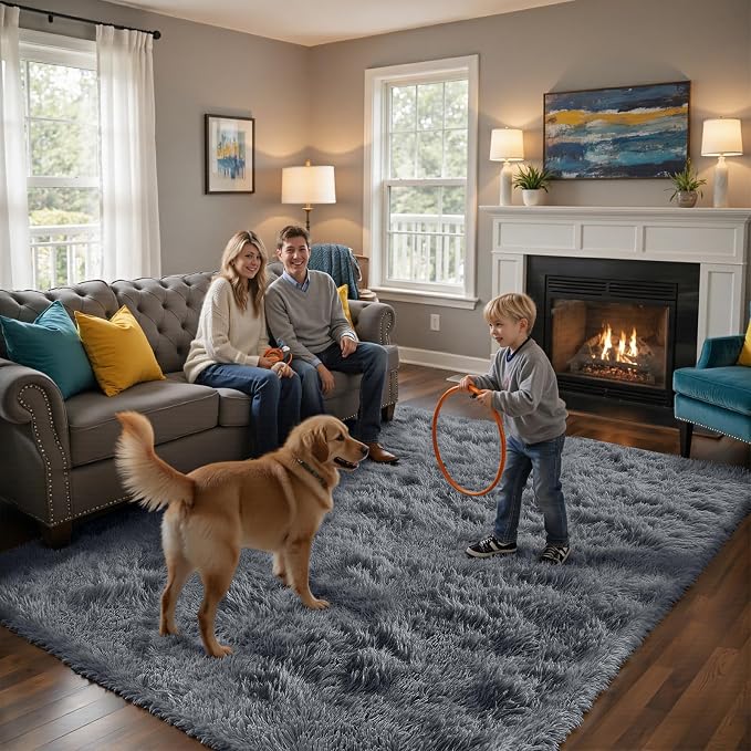 Fluffy Rug Shag Area Rug, Grey 4x6 Area Rugs for Bedroom, Small Bedside Rug, Soft Fluffy Shag Entryway Throw Rugs for Living Room Bedroom Room Home Decor