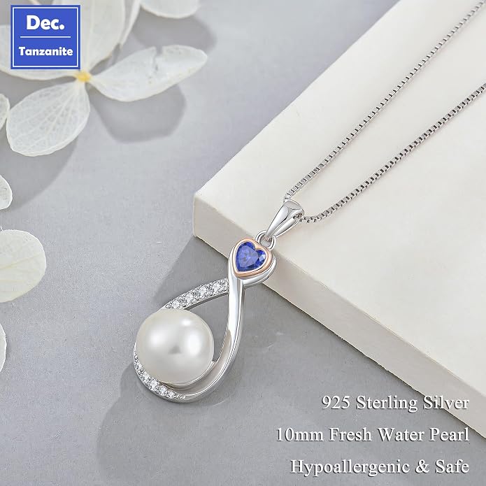Heart Birthstone Pearl Pendant Necklace, 925 Sterling Silver Infinity Necklace with 10mm Freshwater Cultured Pearl & 4mm Gemstone Jewelry for Women