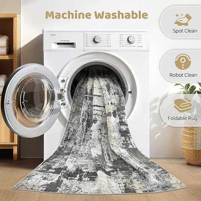 7x9 Area Rug Living Room: Washable Large Abstract Modern Soft Rug Stain Resistant Indoor Floor Non Slip Accent Carpet for Bedroom Nursery Playroom Dining Room Office Dorm Home House- Black Gold