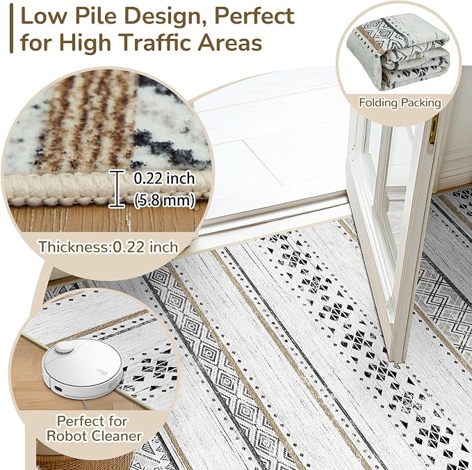 BESTSWEETIE 2x10 Area Rugs for Living Room Washable Moroccan Farmhouse Neutral Geometric Low Pile Non-Slip Soft Print Pattern Rug for Bedroom Kitchen Dining Room Entryway Black/Brown