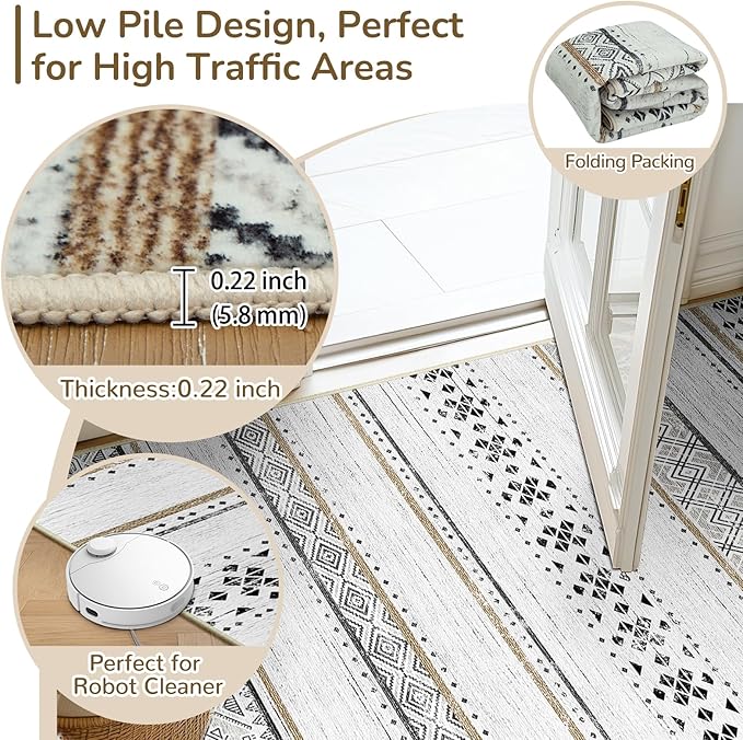 BESTSWEETIE 2x8 Area Rugs for Living Room Washable Moroccan Farmhouse Neutral Geometric Low Pile Non-Slip Soft Print Pattern Rug for Bedroom Kitchen Dining Room Entryway Black/Brown