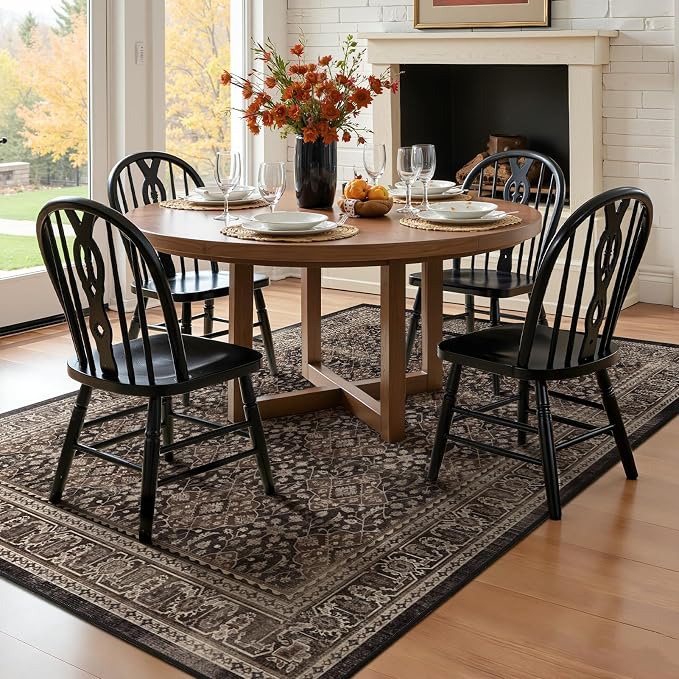 Dark Wood 5x8 Area Rug Living Room, Vintage Farmhouse Moroccan Floral Trellis Dining Room Rugs for Under Table, Washable Non Slip Thin Carpet Rug for Den/Home Office/Kitchen/Foyer, Brown Black