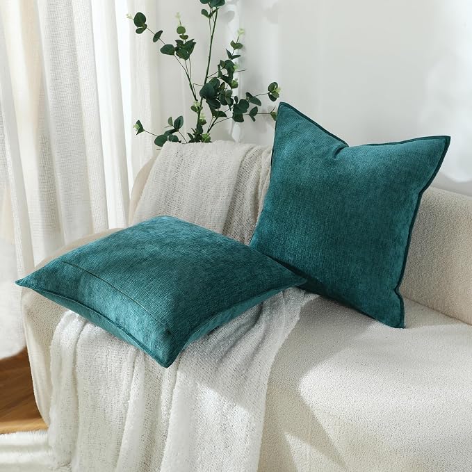Stellhome Soft Chenille Decorative Pillow Covers 20x20 Inch Natural Teal Boho Farmhouse Neutral Couch Throw Pillows for Bed Sofa Livingroom Pack of 2 Accent Modern Pillowcase Home Decor