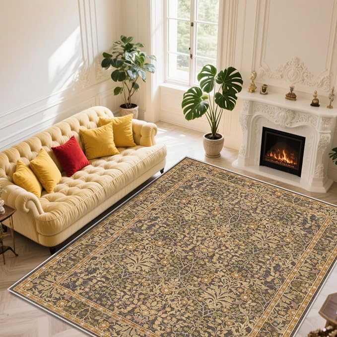 Extra Large 10x14 Area Rug for Living Room, Washable Rugs for Dining Room, Bedroom, Non Slip Stain Resistant Carpet, Low Pile Vintage Floral Rug (Goldenrod)