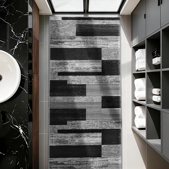 LIANLAM 2x6 Washable Runner Rug for Hallway&Kitchen(2x6,Black&Gray) | Non-Slip Long Carpet with Vintage Checkered Design, Low Pile,Stain Resistant Easy Clean Floor Mat for High Traffic Areas