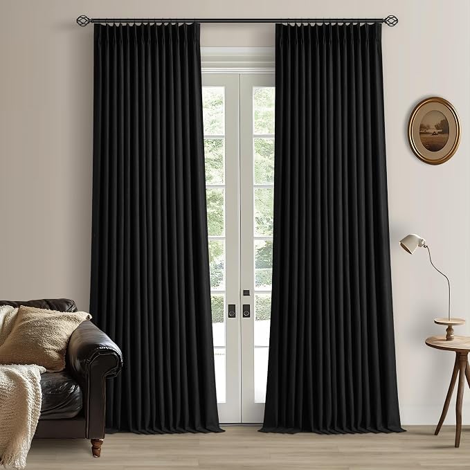 Black Pinch Pleated 100% Blackout Linen Bedroom Curtains 96 Inch Length | Double Layer Curtains, Pleat with Ring Hooks Back Tab, Black Out Room Darkening Drapes, for Living Room, 40x96 2 Panels Set