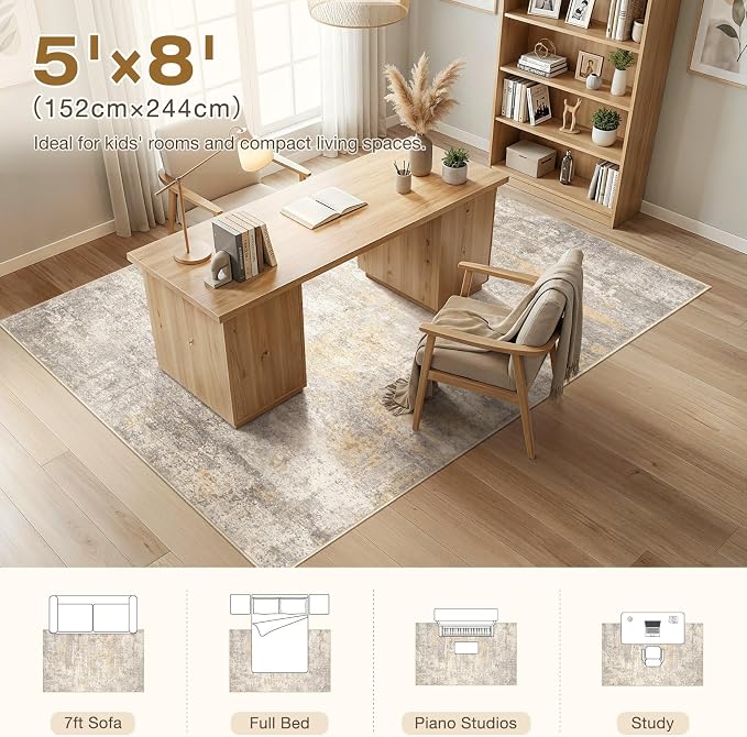 cotiled 5x8 Area Rug Abstract Soft Non Slip Washable Rugs for Living Room | Stain Resistant, Robot Vacuum & Pet Friendly, Low-pile, For Living Room, Bedroom, Dining Table, Nursery Gold/Grey/Brown