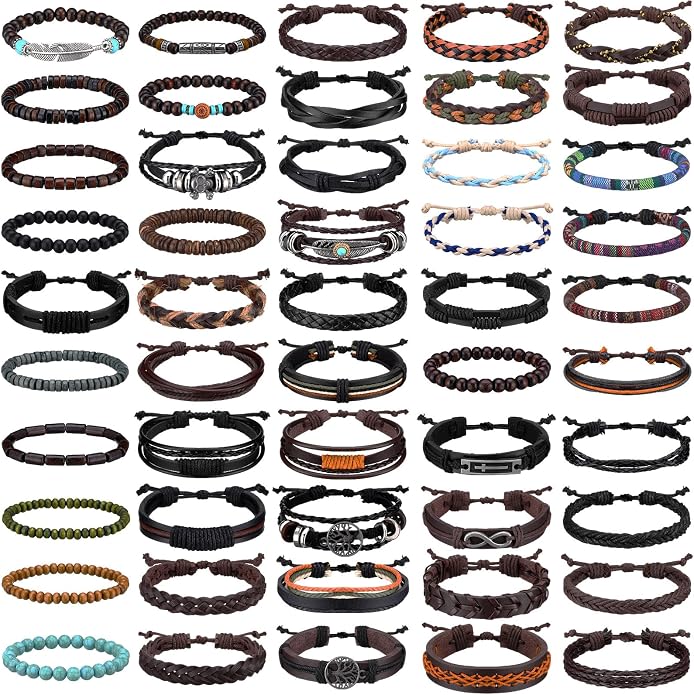 Equsion 50 Pcs Braided Leather Bracelets for Men Women Wrap Wooden Bead Cuff Bracelet Hemp Cords Ethnic Tribal Handmade Wrap Wristband Bracelets Set Adjustable for Personal Wearing