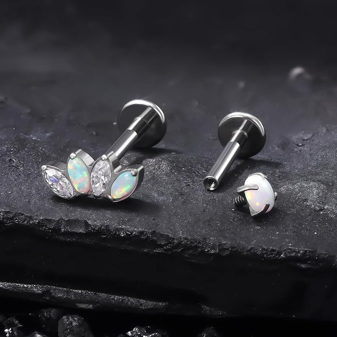 Ruifan Titanium Flat Back Lip Rings Internally Threaded Earrings Studs Nose Rings 16G Opal CZ Tragus Cartilage Lobe Rook Helix Conch Labret Medusa Piercing Jewelry for Women Men W Piercing Taper Set