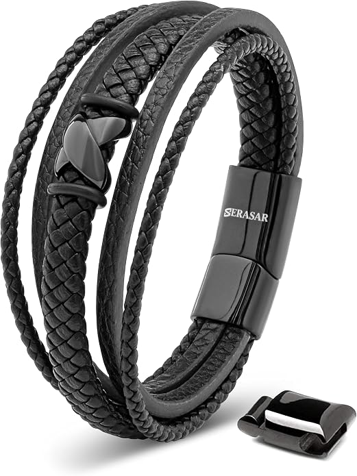 SERASAR Premium Leather Bracelet Men | Stainless Steel Magnetic Clasp | Three Colors | Jewelry Box Included