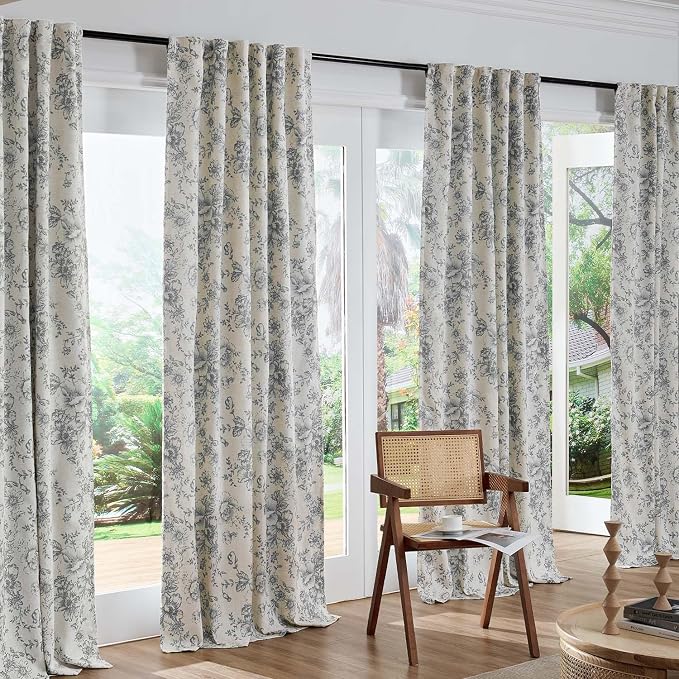 jinchan Grey Floral Linen Blackout Curtains Lined 96 Inch Back Tab 2 Panels | Blackout lining, room darkening drapes, farmhouse, vintage, cottagecore, rustic, bedroom, living room, window treatment