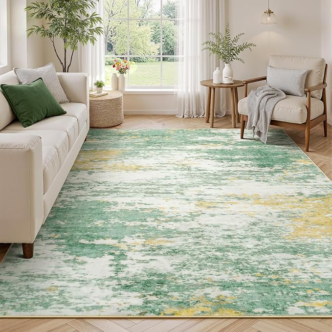 Lofus 5x7 Area Rug for Living Room, Abstract Rugs with Non-Slip Backing, Neutral Modern Washable Carpet for Bedroom Dining Room Home Office Nursery Indoor, Light Green/Yellow