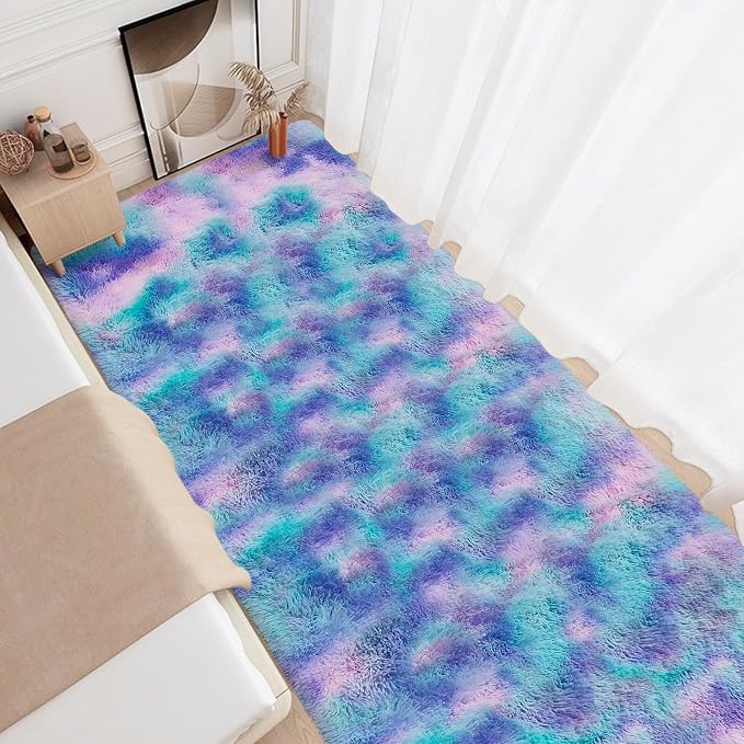 Purple Rainbow Rug for Girls Bedroom Bedside Runner 3x10 Ft, Soft Fluffy Rugs for Kids Room Shag Carpet for Living Room Playroom Nursery Dorm Stitch Bedroom Decor Colorful Kawaii