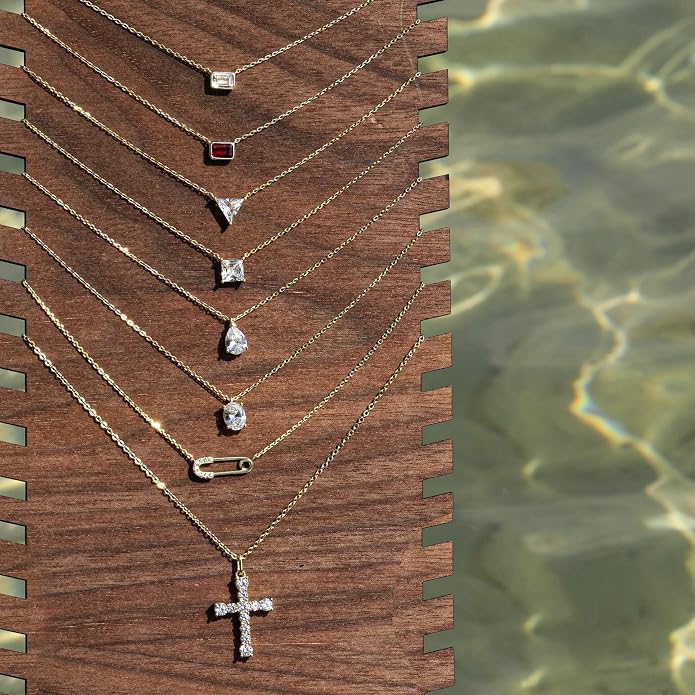 S.Leaf Gold Dainty Pendant Necklaces for Women Sterling Silver Gold Plated Layered Horizontal Vertical Bar Star Starburst Moon Cubic Zirconia Lariat Necklace for Women Trendy Gifts