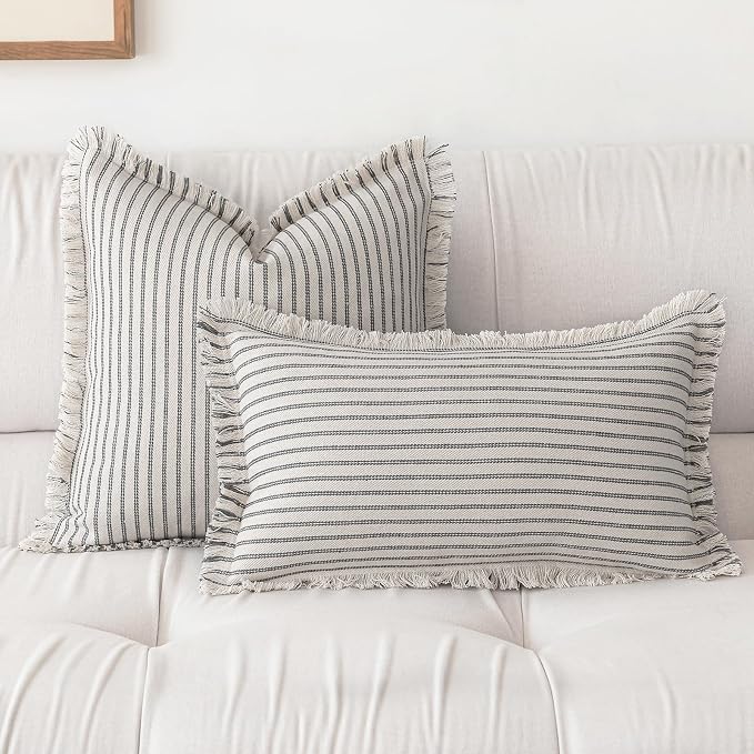 YEENAASY Throw Pillow Covers 24x24 Set of 2 Striped Fringe Pillow Cover Farmhouse Cushion Covers with Tassel Neutral Boho Pillows Decorative Square Pillowcase for Couch Sofa Bed, Grey