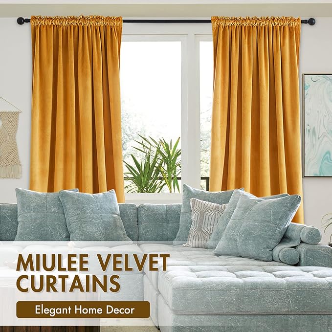 MIULEE Mustard Yellow Blackout Velvet Curtains Drapes 84 Inch Long 52"x84" | Luxurious Bedroom Living Room Decor, Room Darkening, Thermal Insulated, Rod Pocket Design, Super Soft Fabric