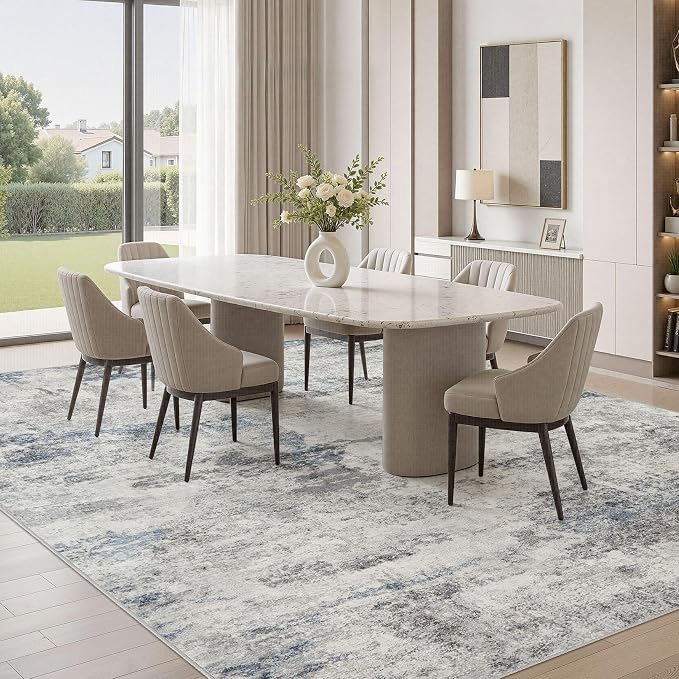 DMOYEST 9x12 Area Rug for Living Room, Washable & Non Slip Large Indoor Carpet, Kid & Pet Friendly Soft Thin Low Pile Abstract Rug for Bedroom and Office - Grey Blue