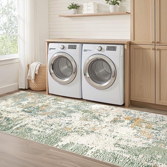 Runner Rug Kitchen Washable Rugs: 2x6 Non-Slip Abstract Soft Modern Stain Resistant Indoor Floor Neutral Accent Throw Carpet for Hallway Bathroom Laundry Room Entryway Bedroom- Green