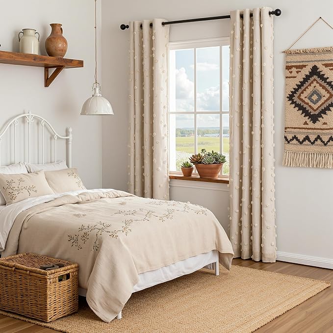 MYSKY HOME Boho Blackout Curtains for Living Room 84 Inches Long Total Room Darkening Beige Curtain for Bedroom 2 Panels Rustic Bohemian Thermal Insulated Grommet Window Drapes 52W x 84L