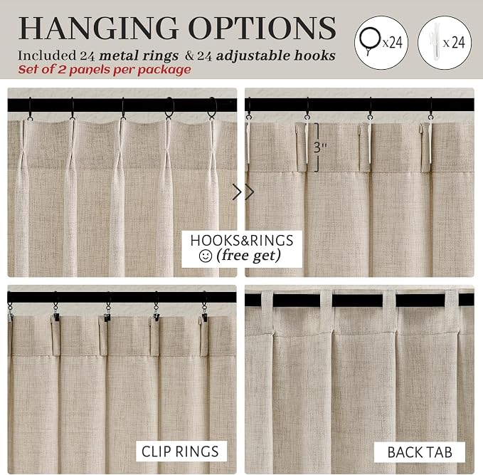 Extra Wide 70 Inch Light Filtering Curtains 108 Inches Long 2 Panels Set for Living Room, Memory Trained Pinch Pleated Natural Linen Sheer Oatmeal Neutral Thick Burlap Windows Curtain & Drapes 9FT