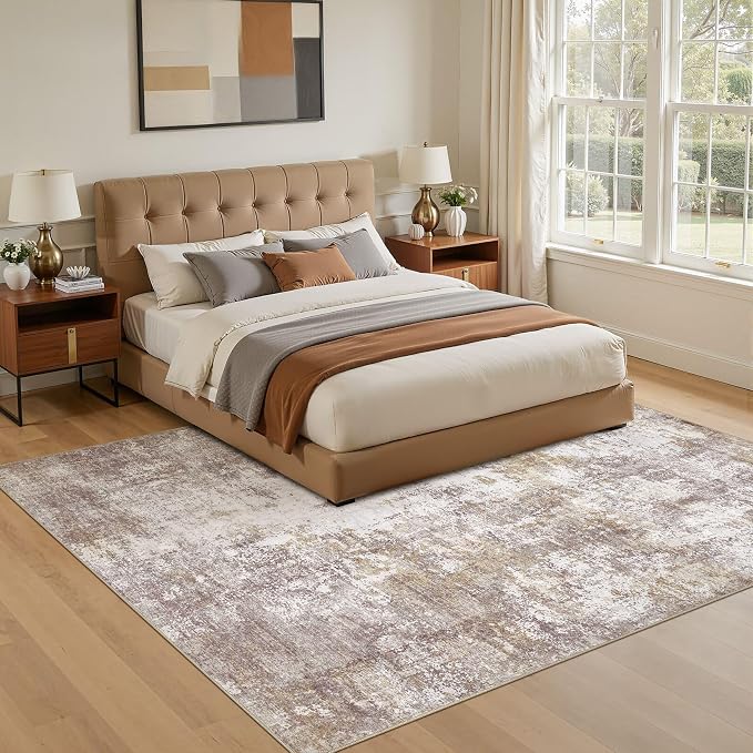 7x9 Area Rug, Non Slip Low Pile Washable Large Rug for Living Room | Soft Modern Abstract Carpet, Stain Resistant Kid & Pet Friendly, Made for Dining Room, Nursery, Office Indoor - Gold Brown